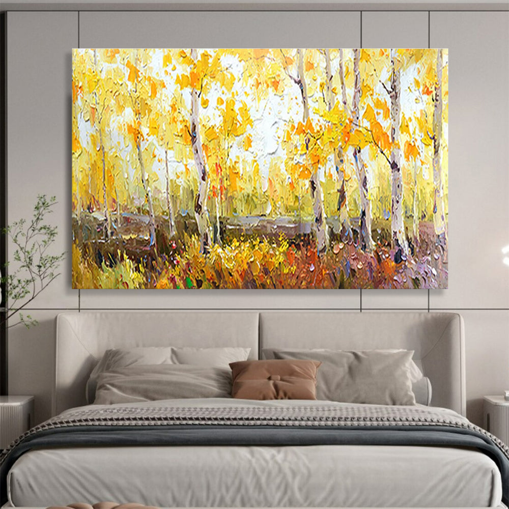 Autumn Birch Forest Abstract Painting with Yellow, Green, and Brown Tones THY212