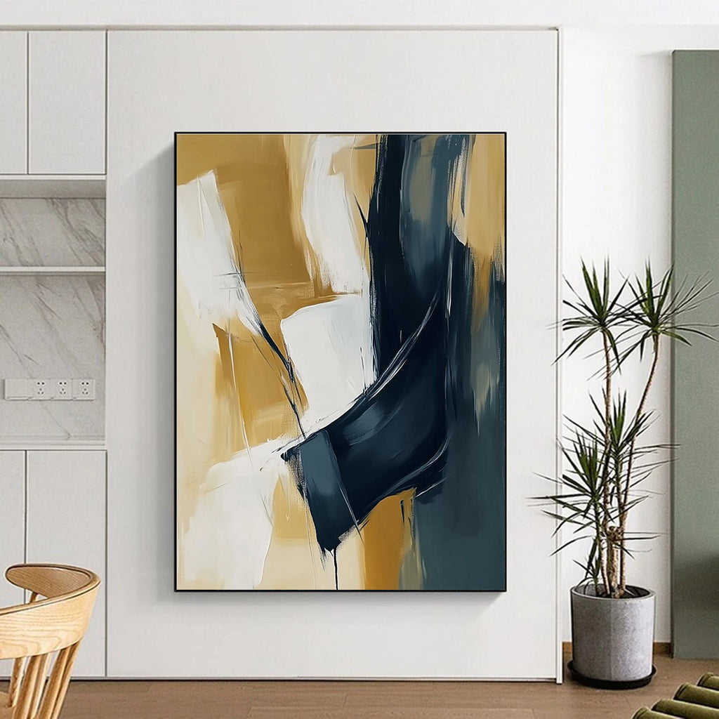 Gold White Black Abstract Painting with Dynamic Interactions GER805