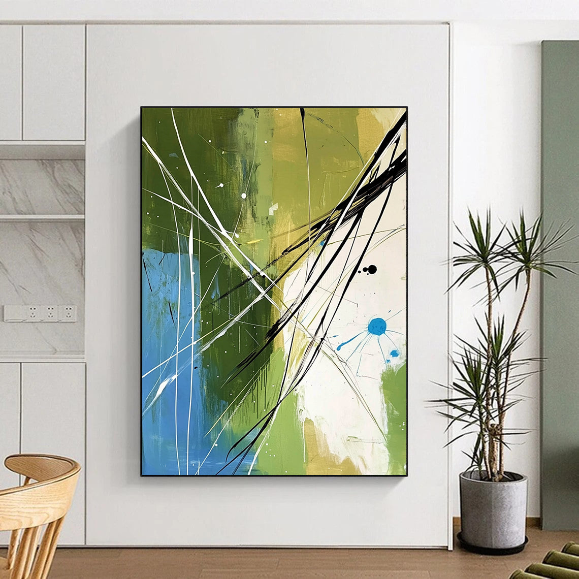 Large abstract painting featuring organic lines and shapes in green blue and white with black elements creating depth and movement for modern decor.STSC320