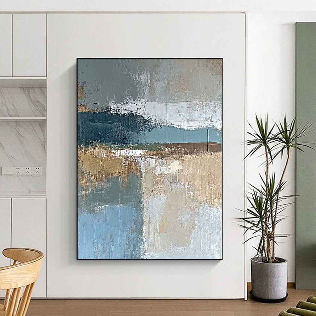 Large abstract painting featuring muted blue gray and brown tones with textured brushstrokes and earthy accents in green and beige.STSC563