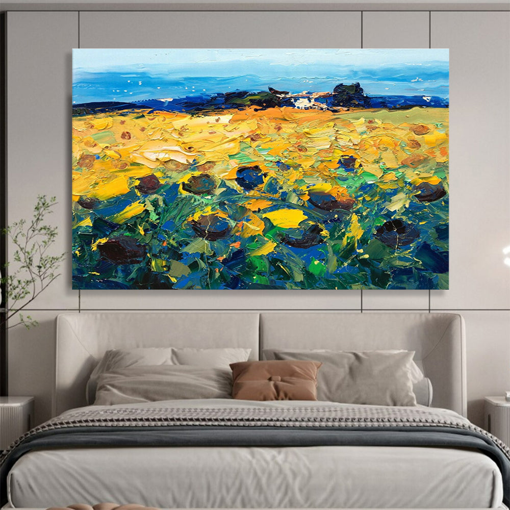 Yellow Blue Green Sunflower Field Painting THY485