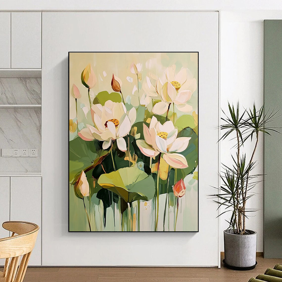 Large abstract painting featuring light green and cream lotus flowers with green leaves and pink buds in an elegant harmonious composition.STSC319