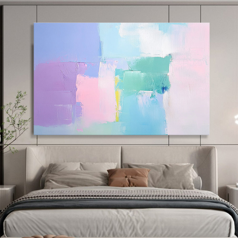 Large abstract painting with soft pastel colors thick brush strokes and a minimalist impressionist style featuring pink blue and light green tones.SC255