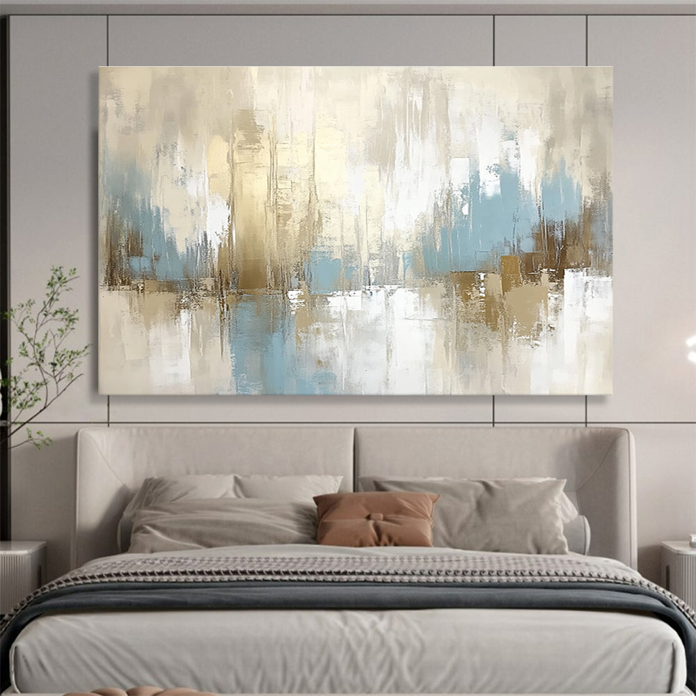 Large abstract painting in beige and white with light blue accents featuring soft tones and dreamy atmosphere for an elegant and tranquil space.SC097