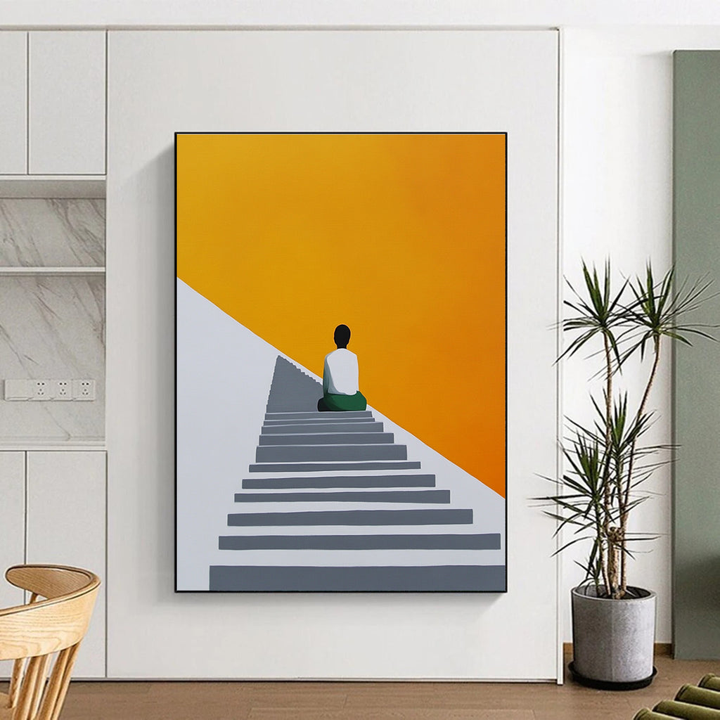 An abstract painting featuring a figure on stairs with a grey white and orange palette against a yellow background in a minimalist geometric style.STSC1155