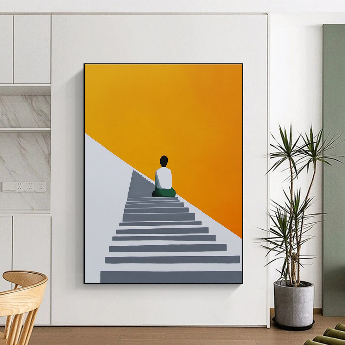 An abstract painting featuring a figure on stairs with a grey white and orange palette against a yellow background in a minimalist geometric style.STSC1155