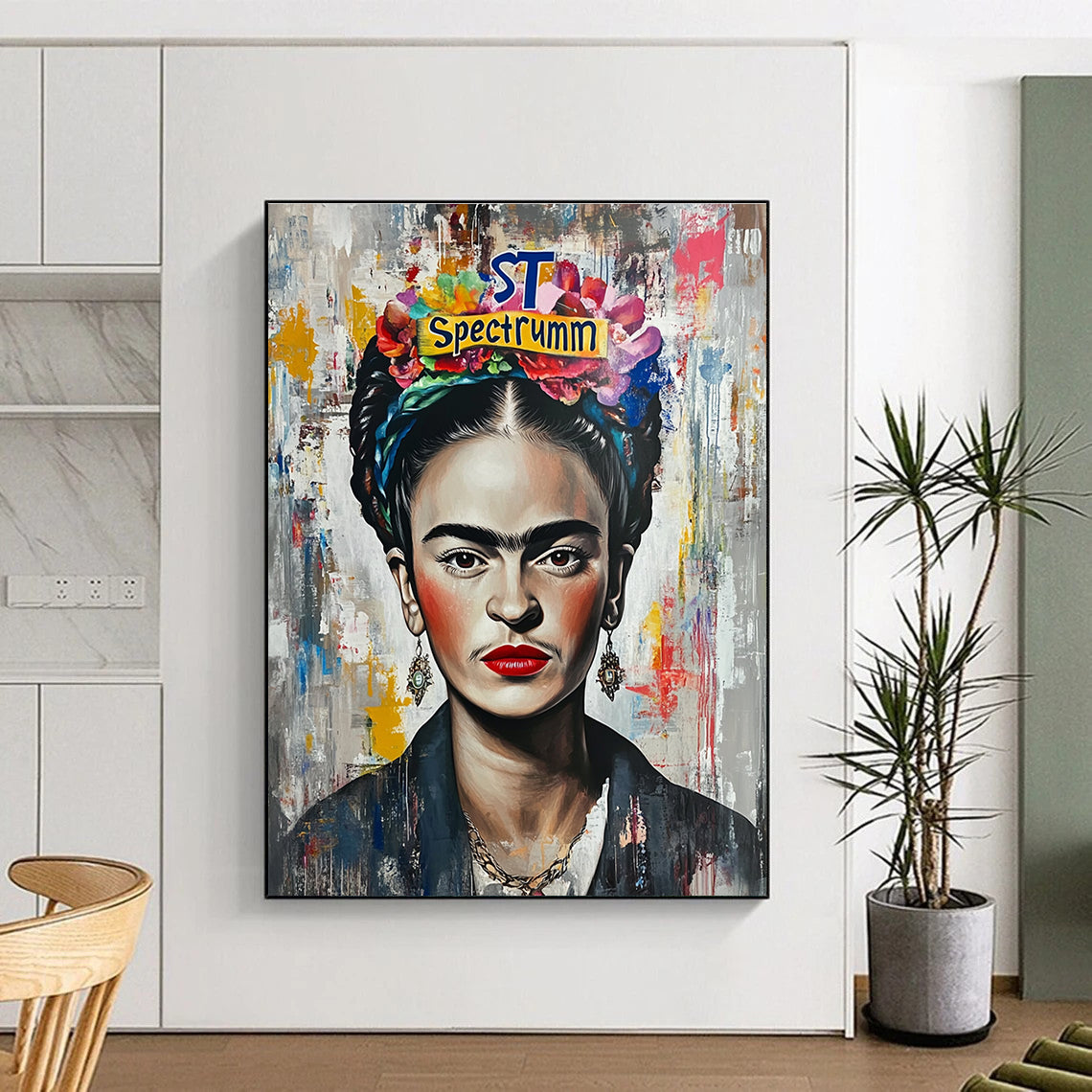 A large abstract painting featuring Frida Kahlo with graffiti-style elements bright colors and intricate details capturing vibrant pop culture inspirations.STSC1128