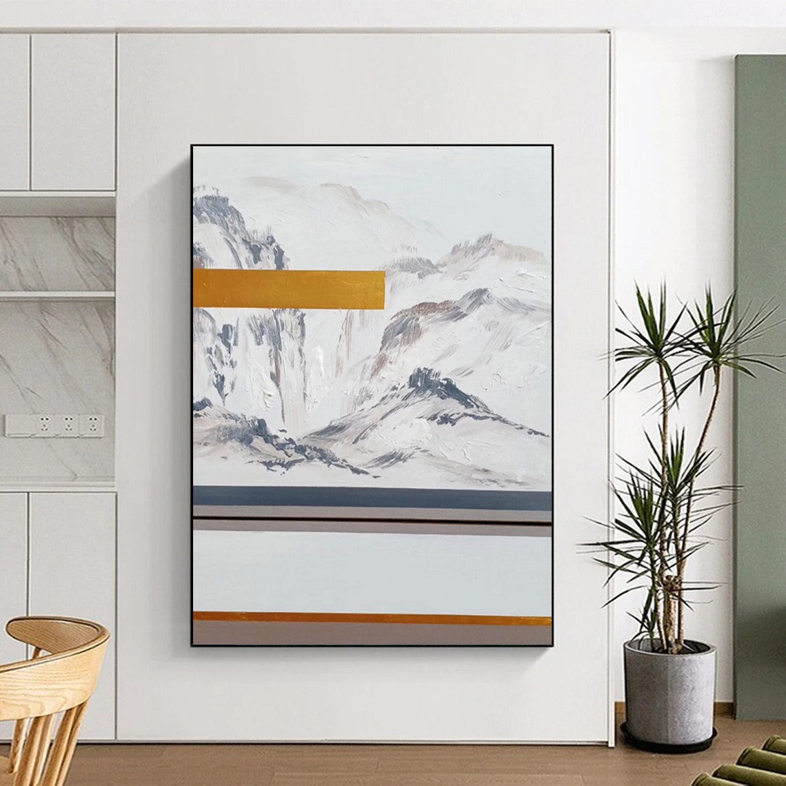White Grey Gold Mountain Abstract Painting ADGE045