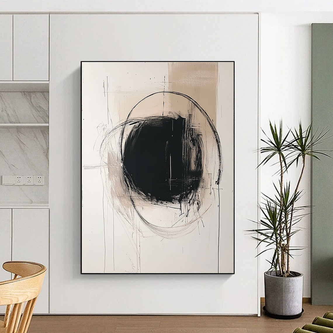 Large abstract painting featuring a central grayish circle minimalist lines and light splashes on off-white paper in the style of Doig and Hockney.STSC771