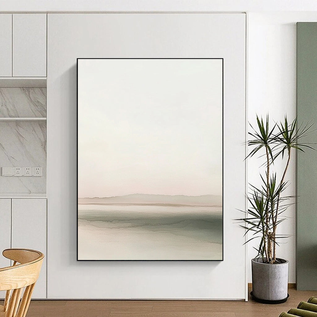 Large abstract painting featuring a soft horizon blending gray to pink with calming waves and distant hills ideal for text or design elements.STSC1242