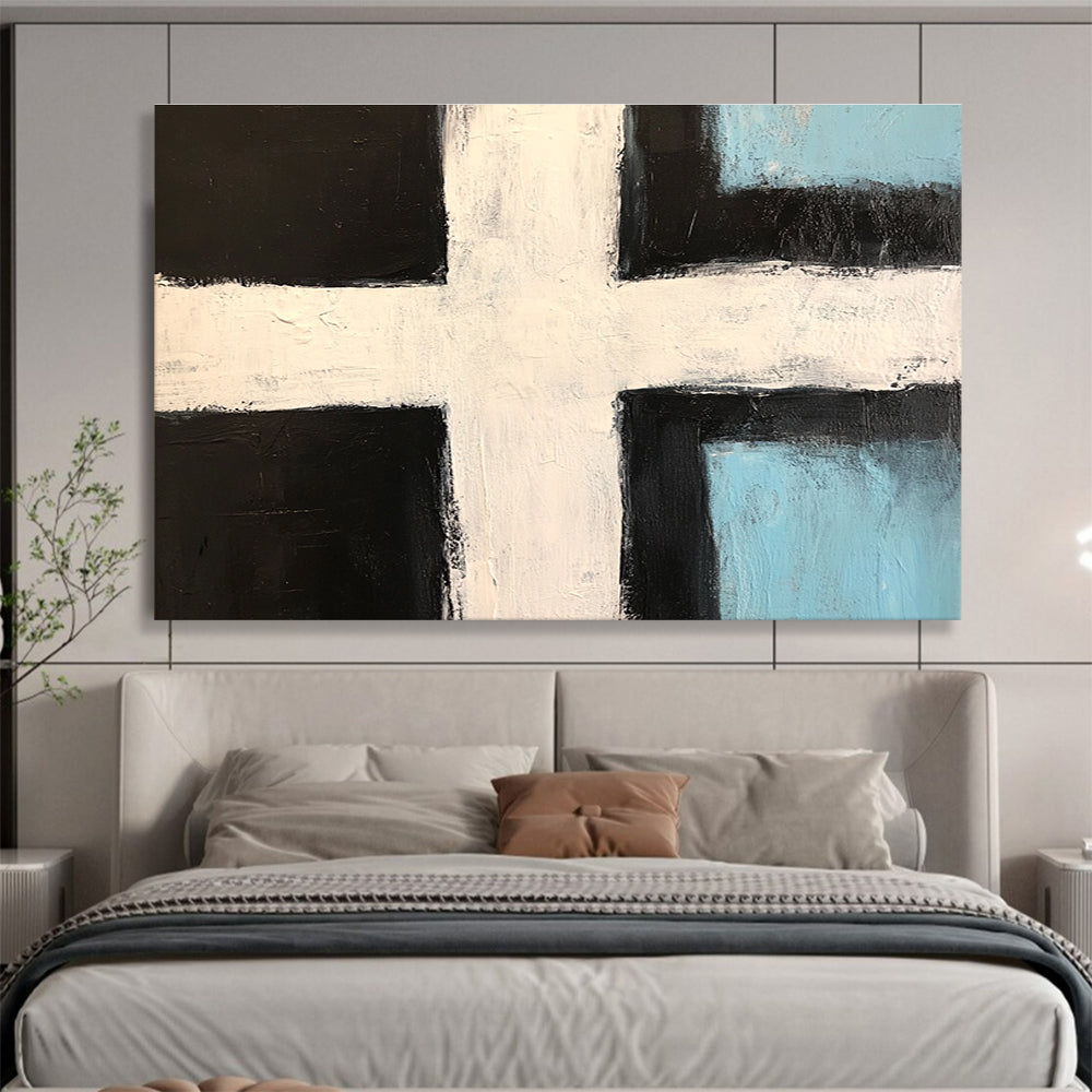 Abstract painting featuring a bold black and white cross with light blue accents and thick brush strokes in a minimalistic style.SC168