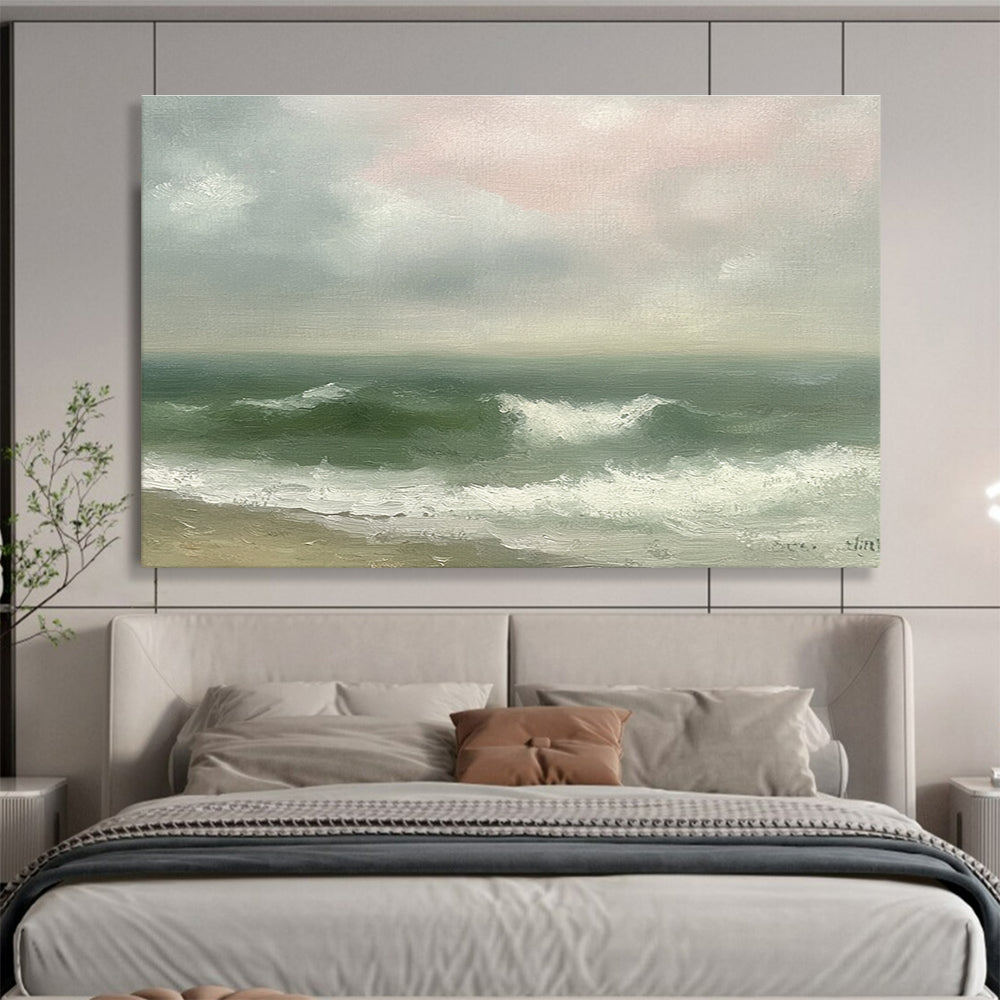 Large abstract painting depicting a vintage seascape with green and gray waves, an empty beach, and a soft pink sky in muted pastels.SC565