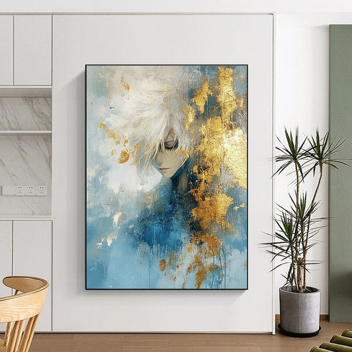 Large abstract painting with textured light blue and gold hues accented by gold foil creating an atmospheric effect.STSC449