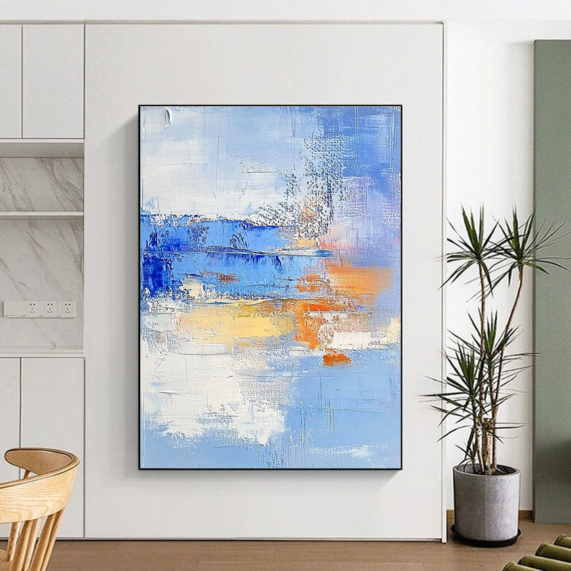 Light Blue and Orange Abstract Painting with Textured Layers GER617