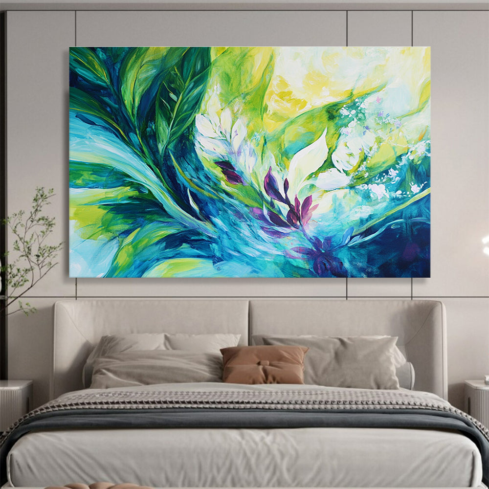 A large abstract painting featuring vibrant tropical plants in green and teal with purple accents and white flowers, showcasing dynamic energy and harmonious beauty.SC431