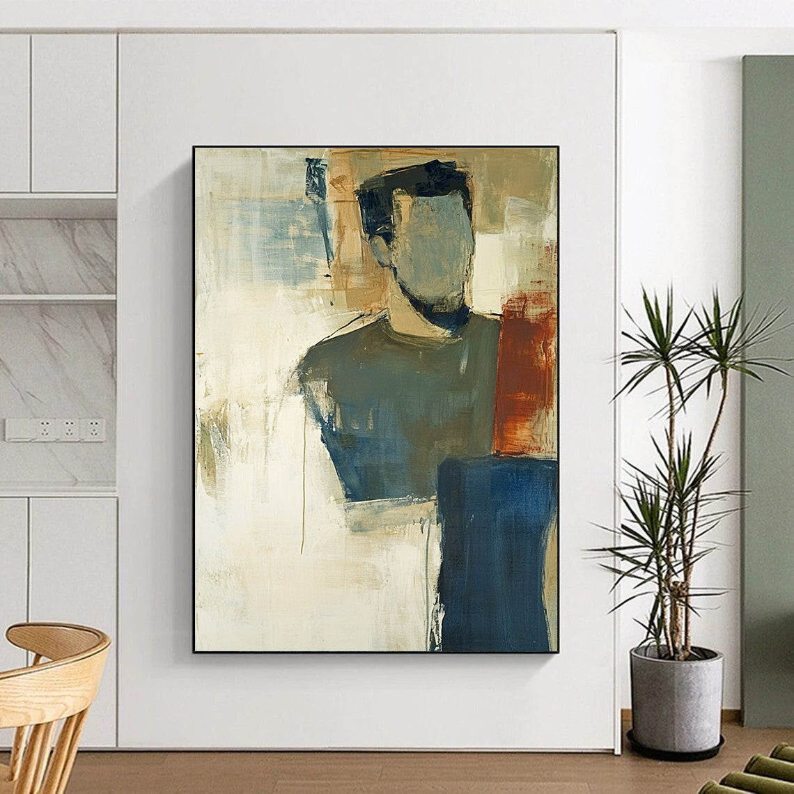 A large abstract painting in earth tones and soft blue with thick impasto strokes and blurred edges showcasing tonalism.STSC624