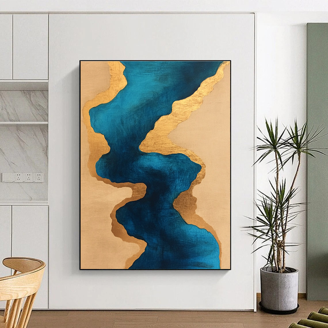 Blue and Gold Fluid - Shaped Abstract Painting GER234