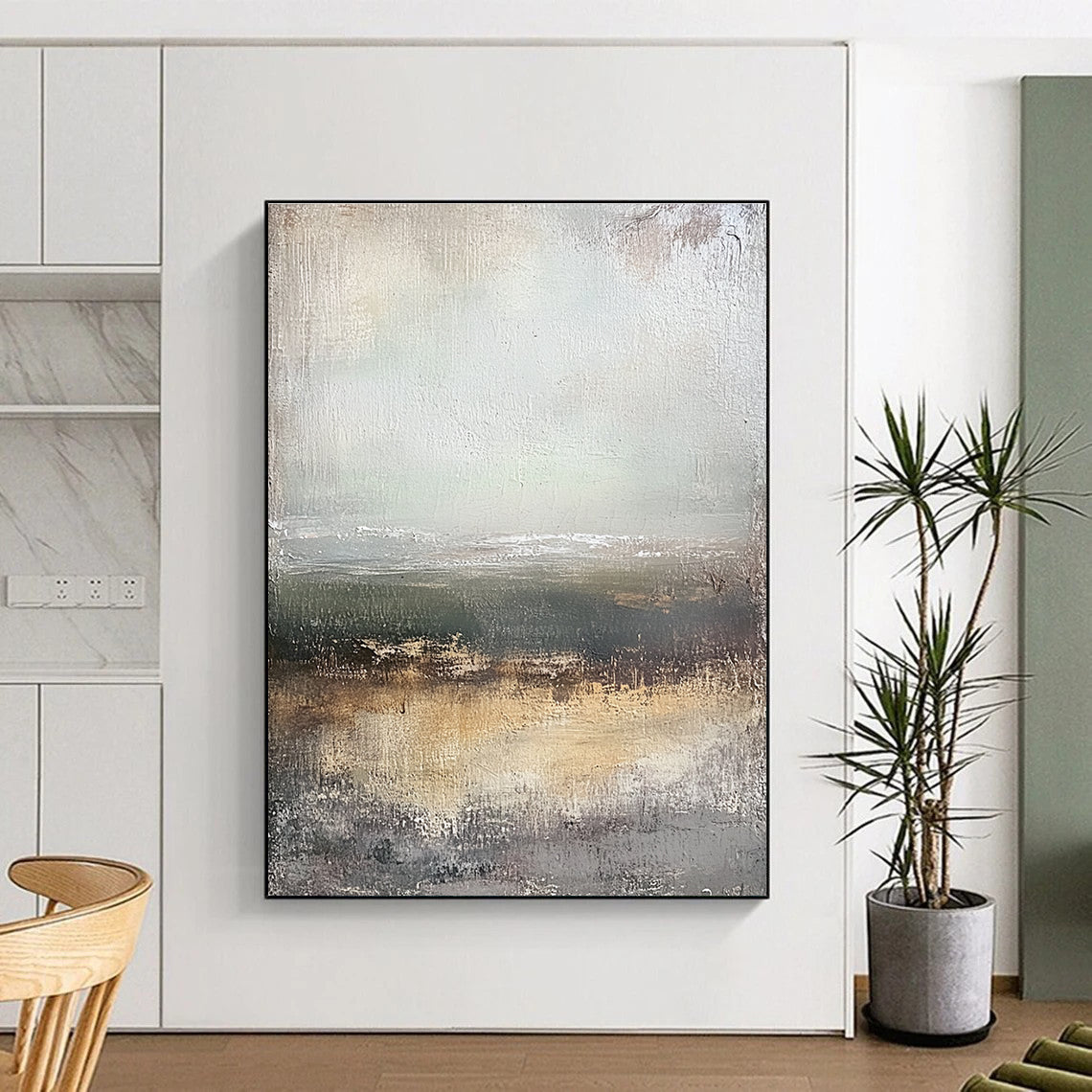 Large abstract painting depicting a coastal landscape with muted tones and vintage texture in a neutral color palette.STSC305