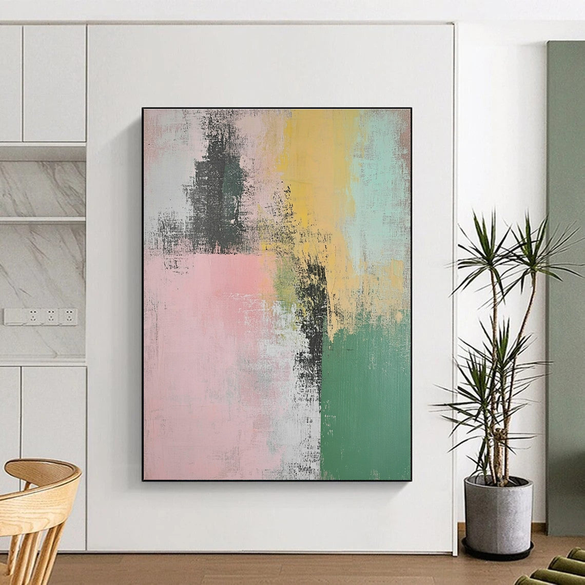 Large abstract painting featuring muted pastel greens pinks and yellows with organic brush strokes showcasing Paige Sessoms' poetry elegantly intertwined.STSC774
