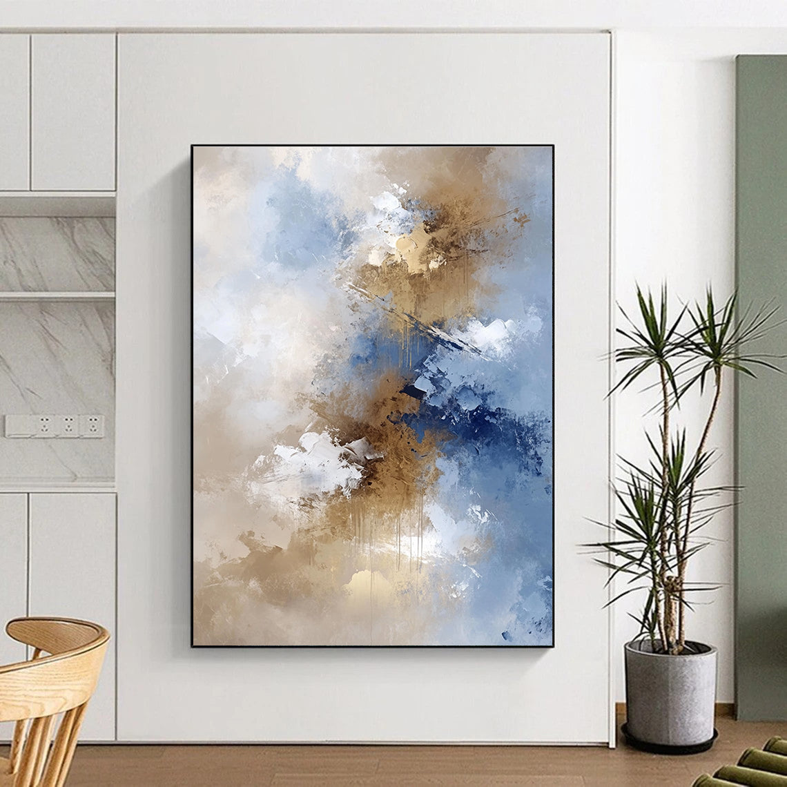 Blue Beige and Gold Abstract Painting with Flowing Textures GER662
