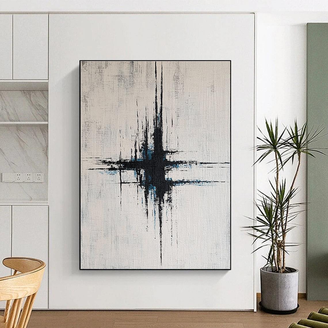 Large abstract painting with vibrant blue and gray lines on a white background featuring vertical brushstrokes and dynamic light effects.STSC439