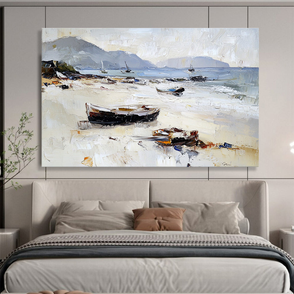 Beach with Boats Impasto Abstract Painting with Light and Neutral Tones DYP602