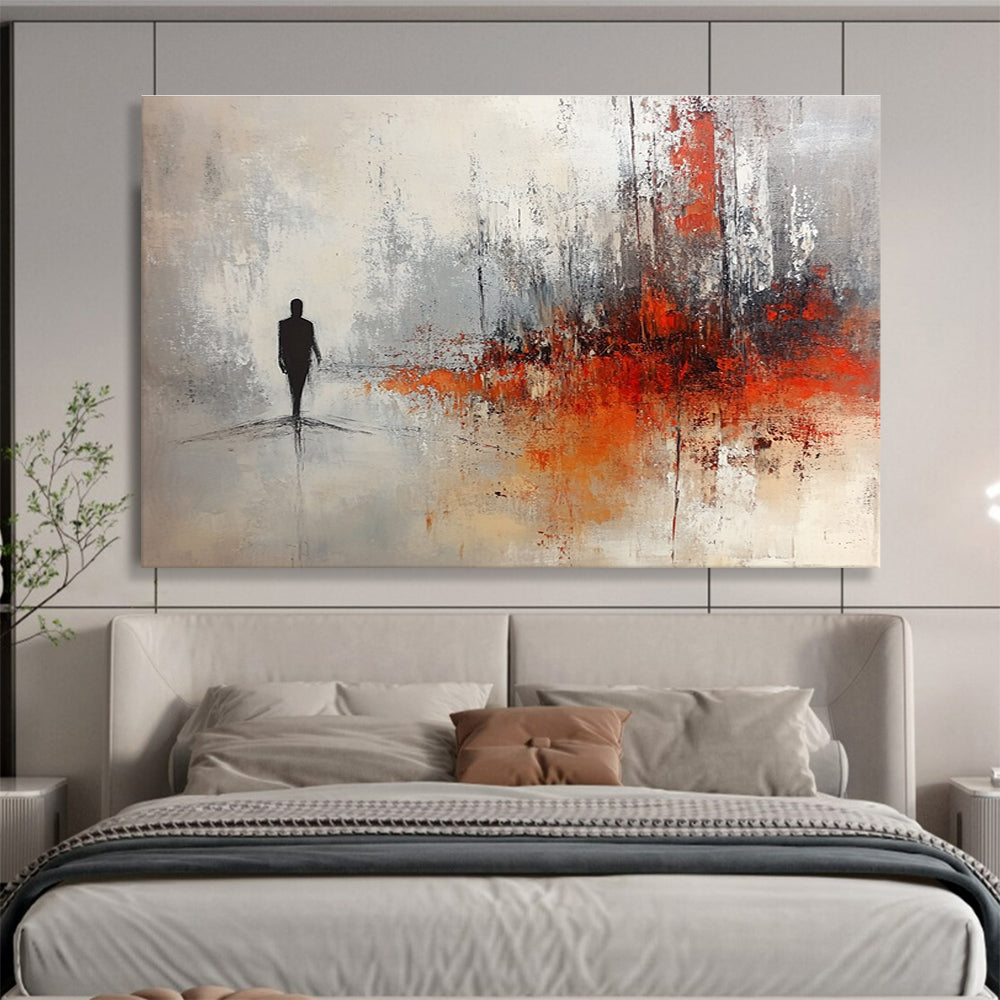 Large abstract painting in soft gray and white tones with red and orange splashes featuring a silhouette in an ominous landscape.SC258