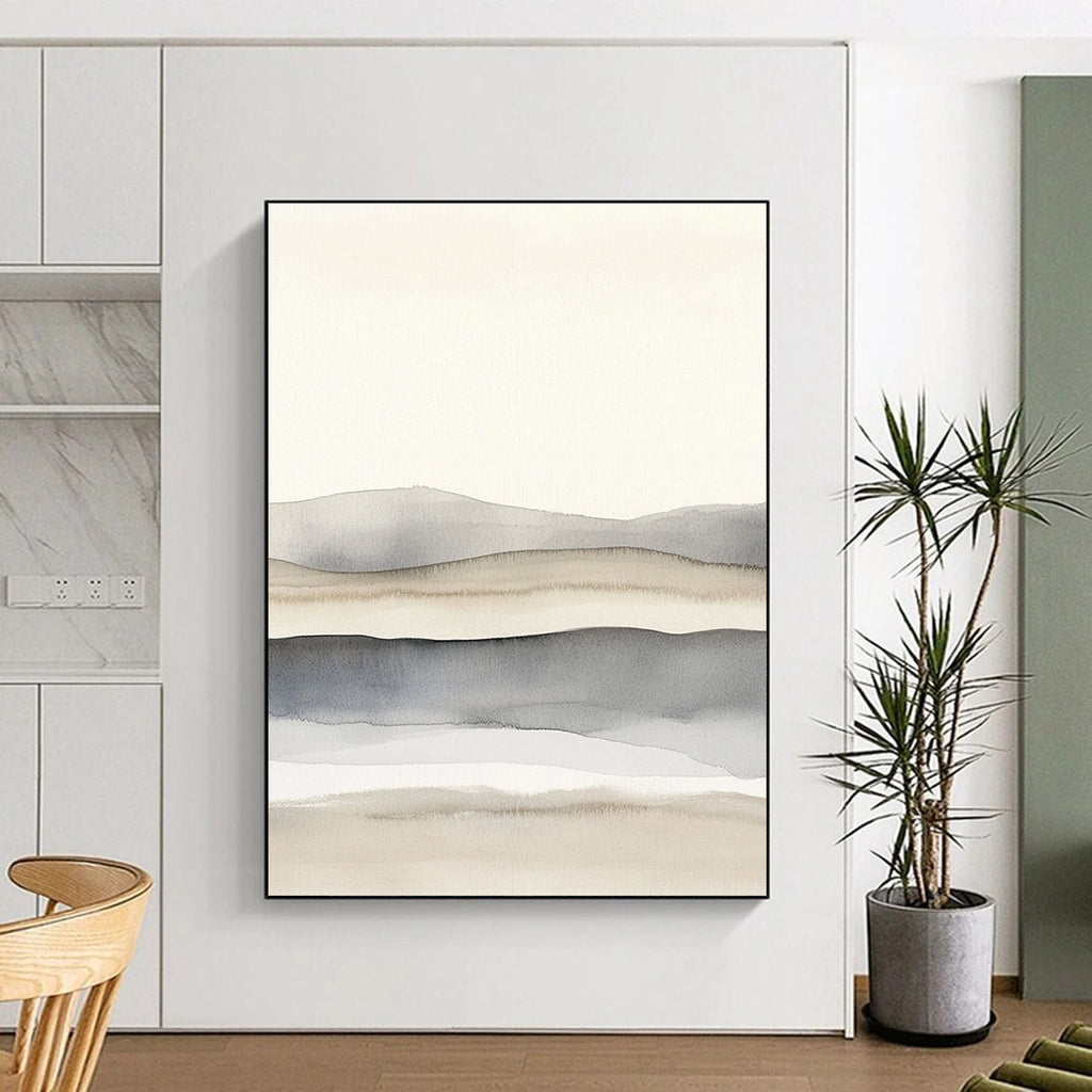 Large abstract painting featuring light gray and white watercolor shapes with soft blurred lines creating a serene landscape of dunes.STSC1464