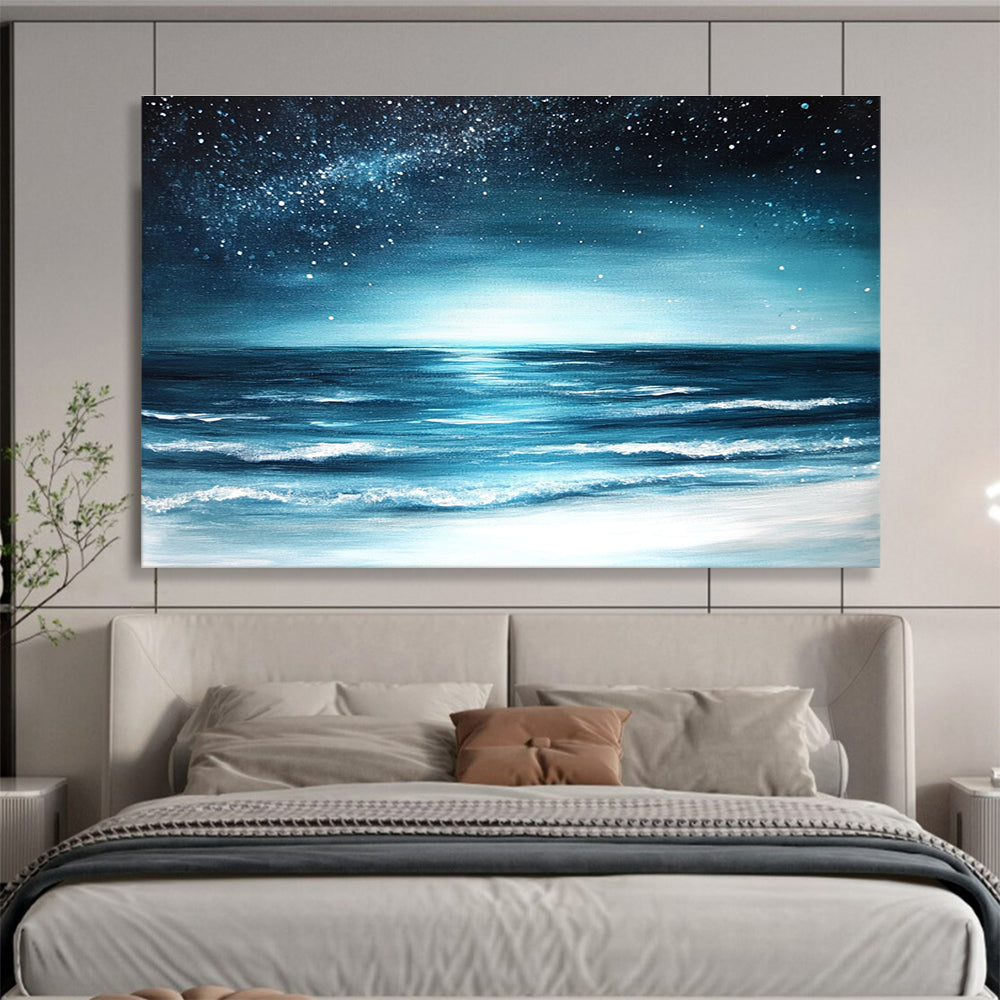 Starry Sea Abstract Painting with Deep Blue and Silver Tones DYP554
