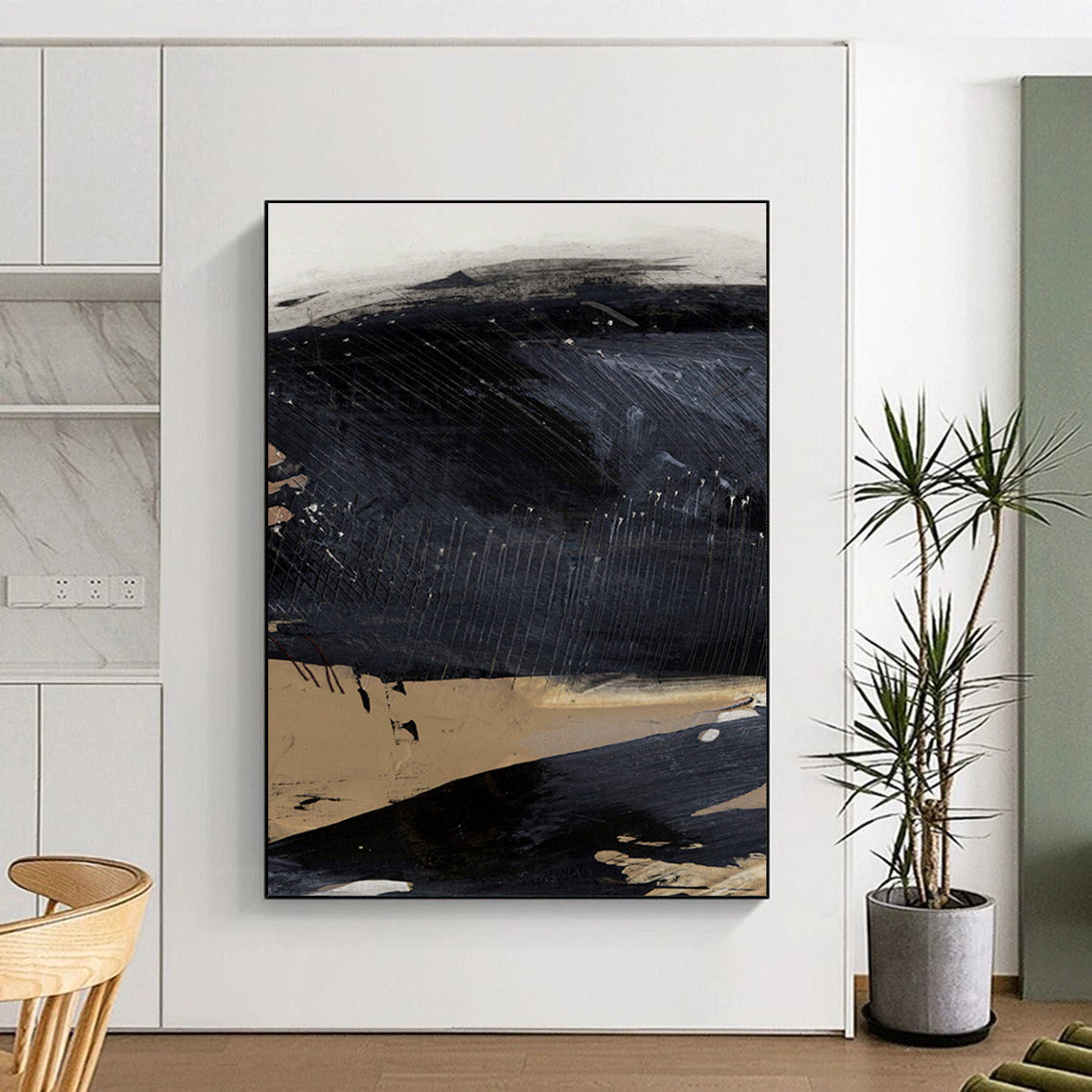 Dark Abstract with Linear Details and Earthy Tones Painting ADGE203