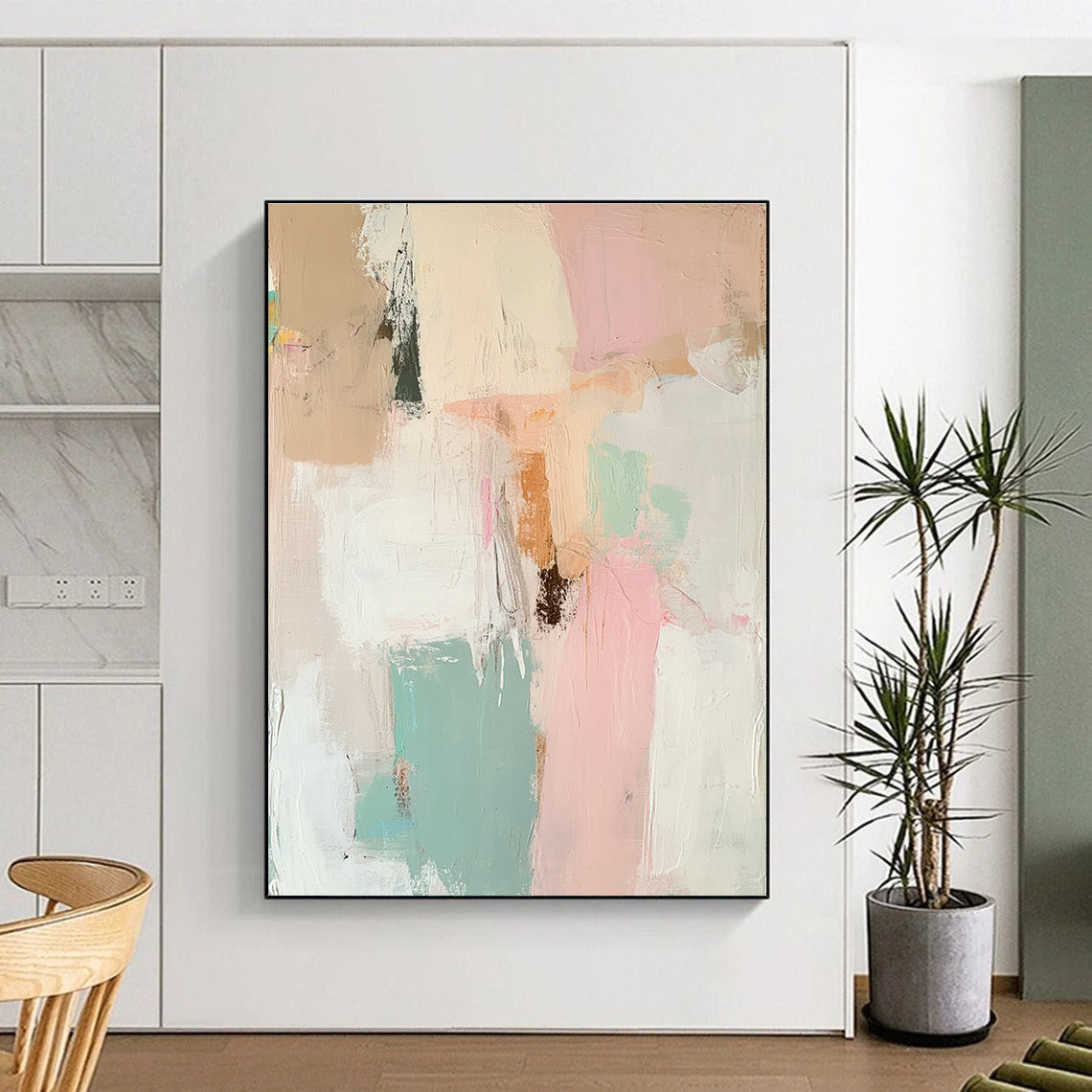 Large abstract painting with soft pinks whites sage greens and earthy tones featuring dreamy human and animal forms in a tranquil nostalgic atmosphere.STSC806