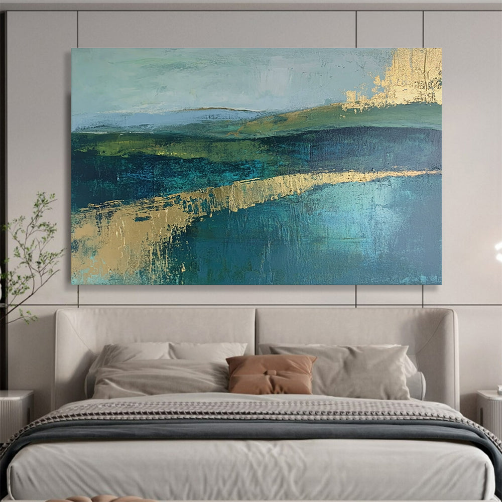 Green and Blue Abstract Landscape Painting with Gold Strokes DYP473