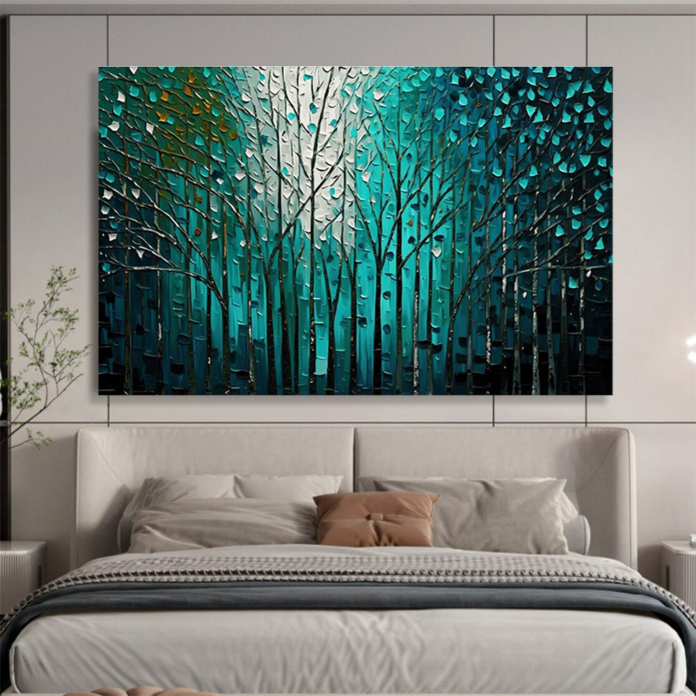 Teal Forest Abstract Painting with Intricate Tree Patterns THY311
