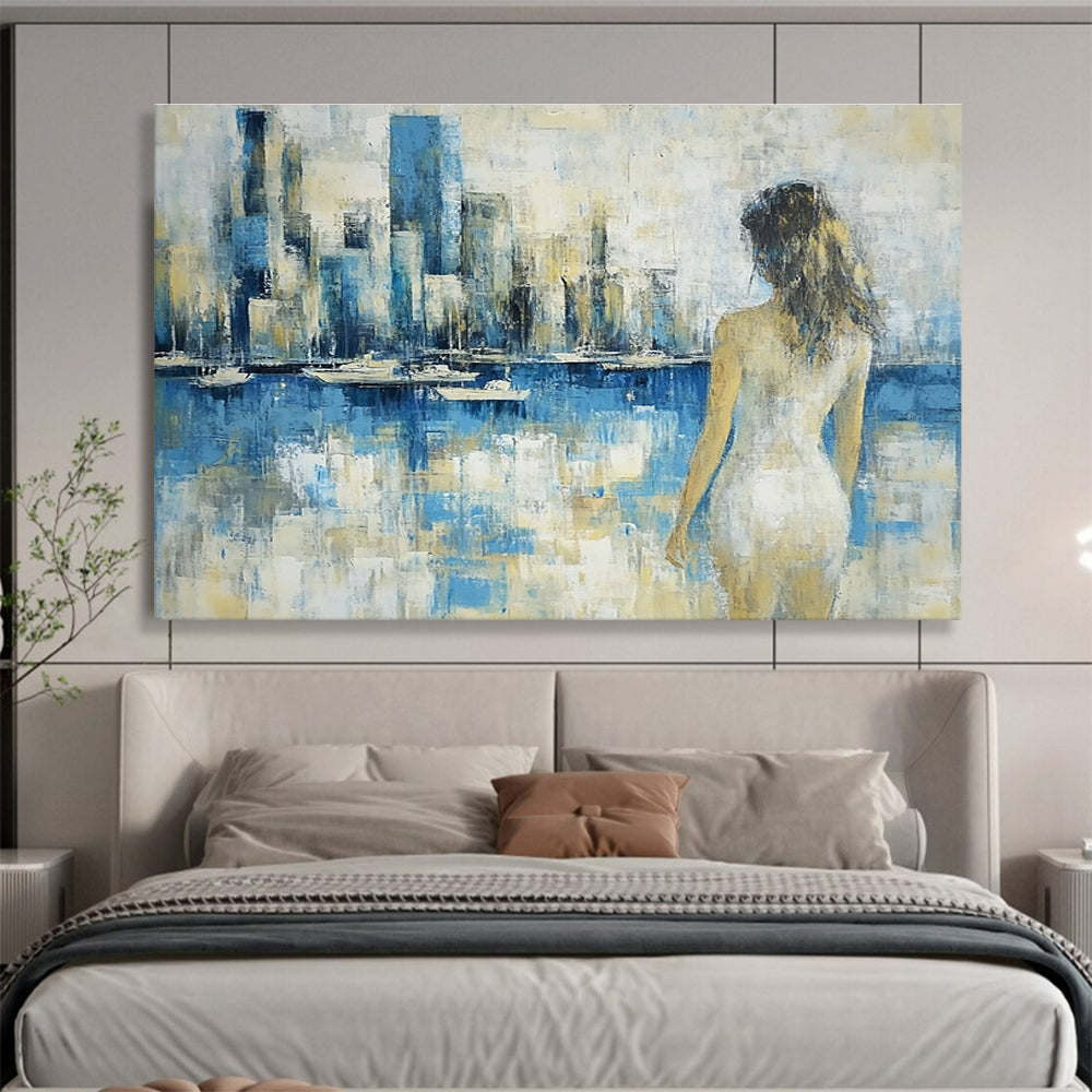 Large abstract painting of a vibrant cityscape in textured gold blue purple and red with impasto strokes and palette knife techniques.SC356
