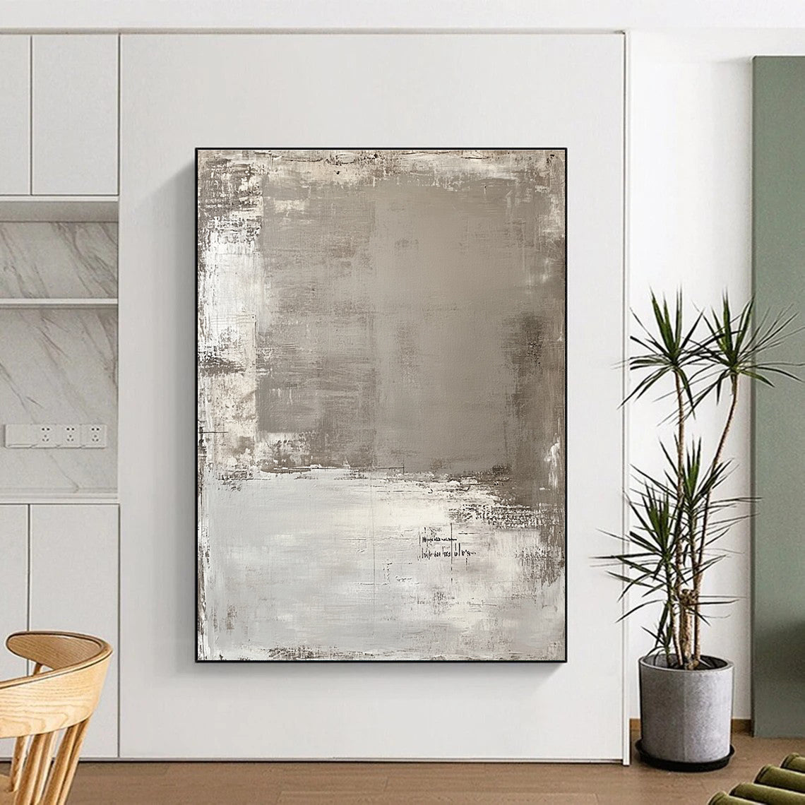 Gray and White Textured Abstract Painting with Layered Brushstrokes GER006