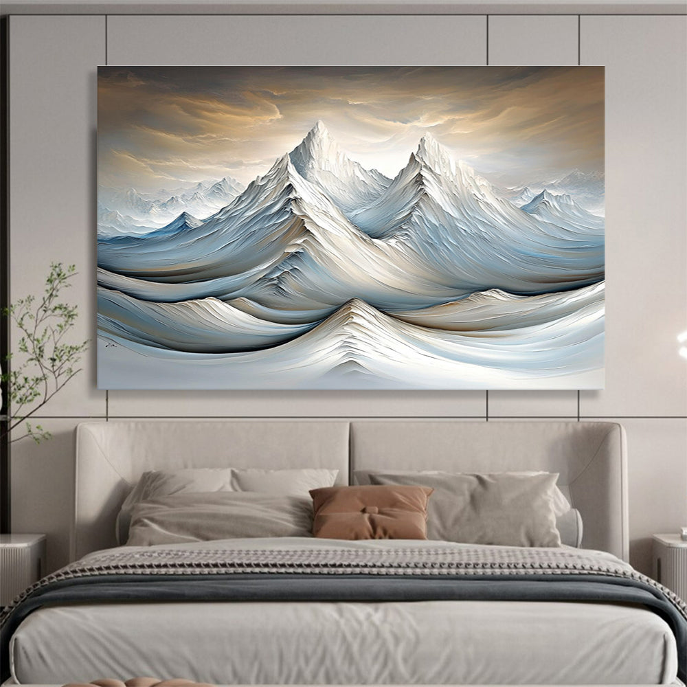 A large abstract painting featuring snowy mountains and rivers with soft lighting and delicate brushstrokes in a surreal gray and brown atmosphere.SC612
