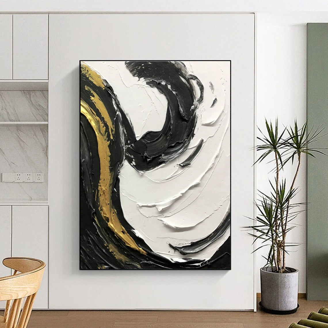 Gold - Accented Black and White Textured Swirl Abstract Painting ADGE381