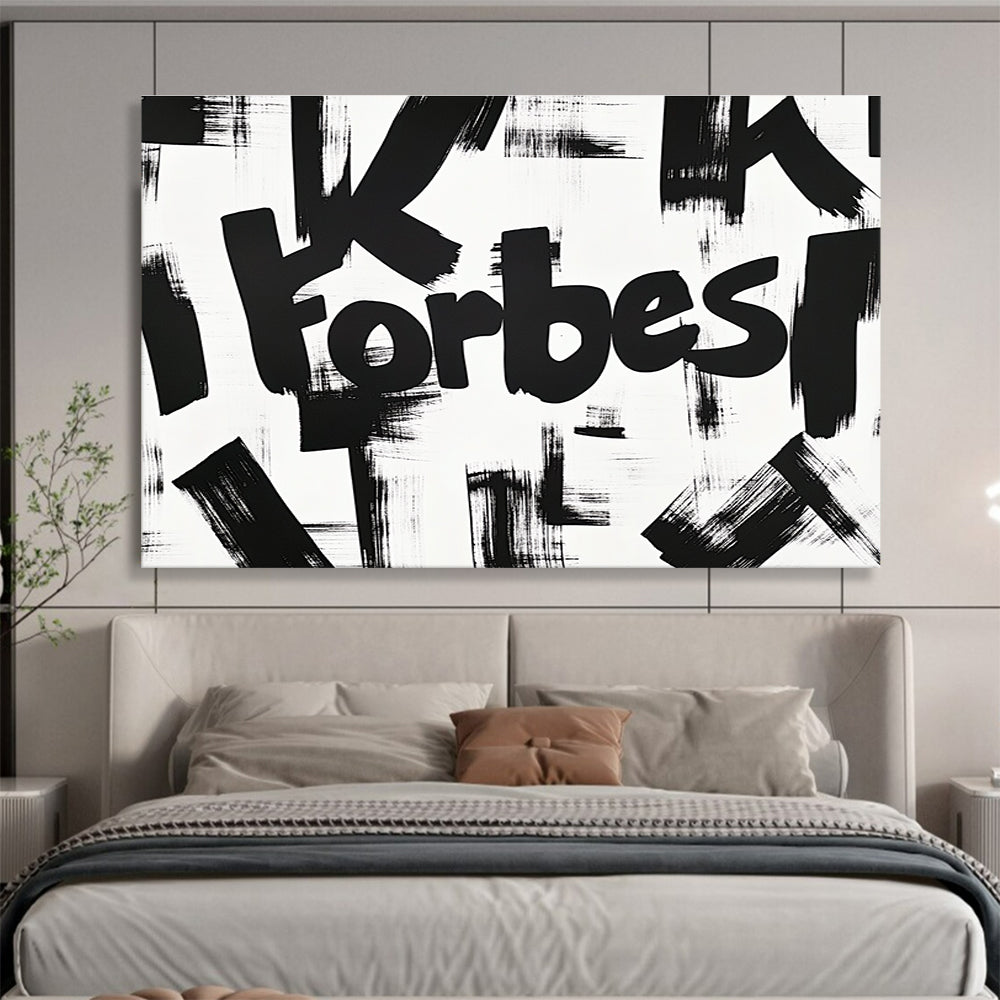 A large abstract artwork featuring the bold yet graceful lettering of K Forbes, showcasing soft curves and dynamic brush strokes in black ink on white paper.SC469