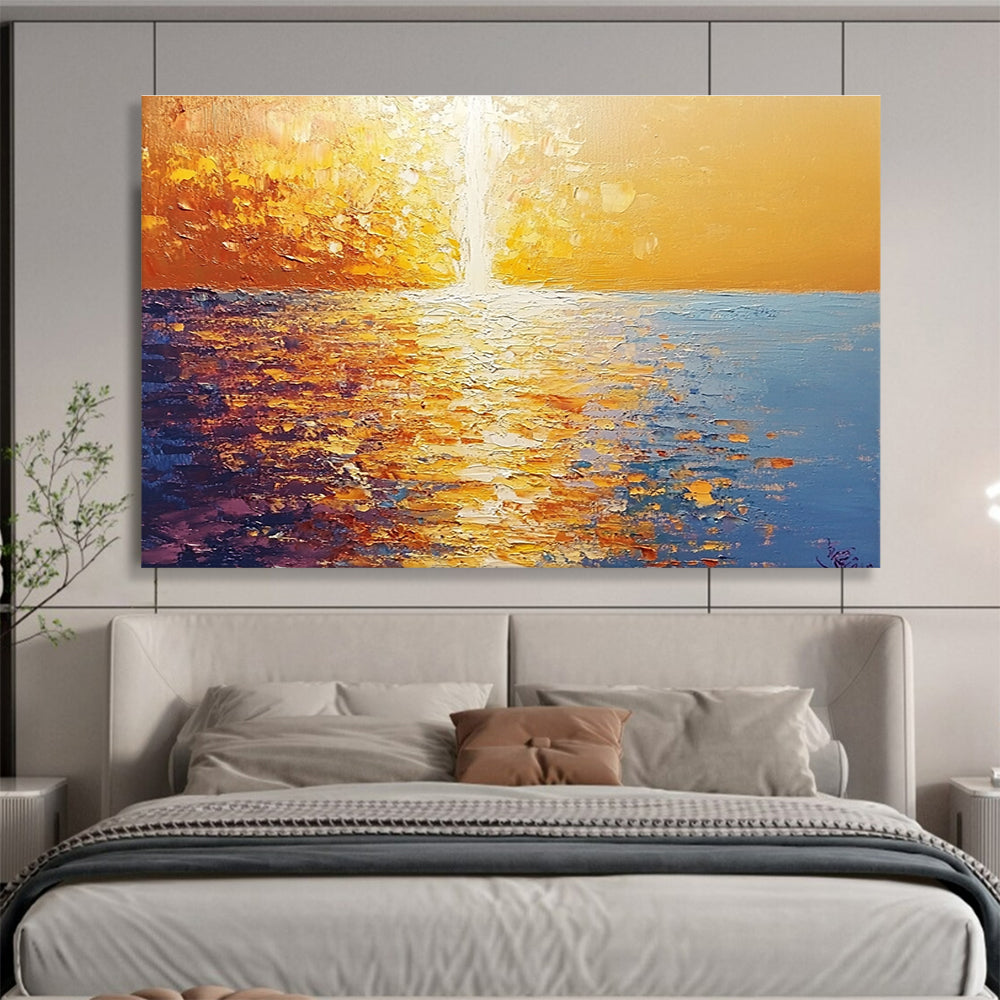 Golden Sunset Sea Abstract Painting with Reflective Textures DYP264