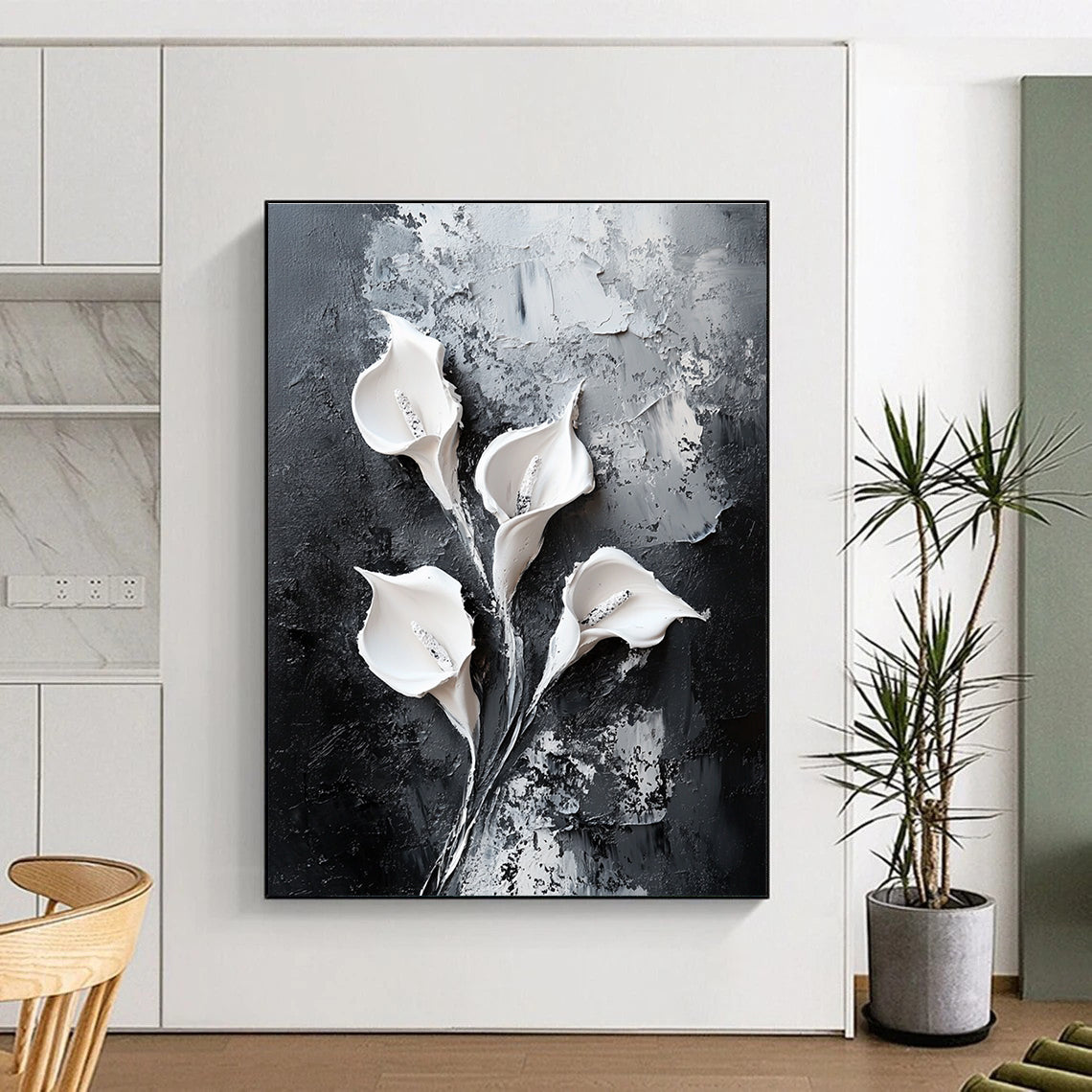 Abstract painting featuring white calla lilies on a black textured canvas with oil paint strokes in a modern minimalistic style.STSC509