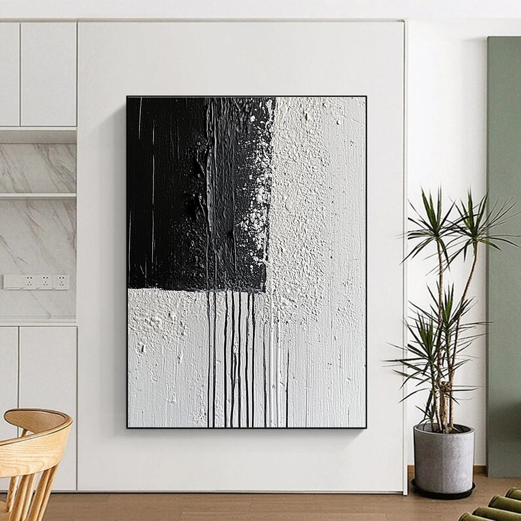 Large abstract painting with broad strokes and delicate paint drips on a textured canvas featuring a monochromatic gray color scheme.STSC539