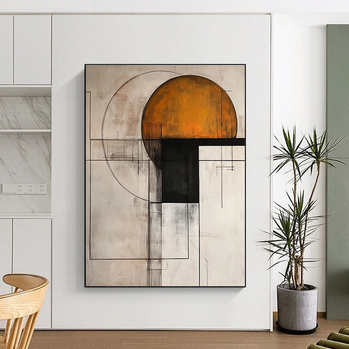 Large abstract painting with light gray background featuring dark amber and white geometric shapes and a harmonious color scheme in modern art style.STSC239