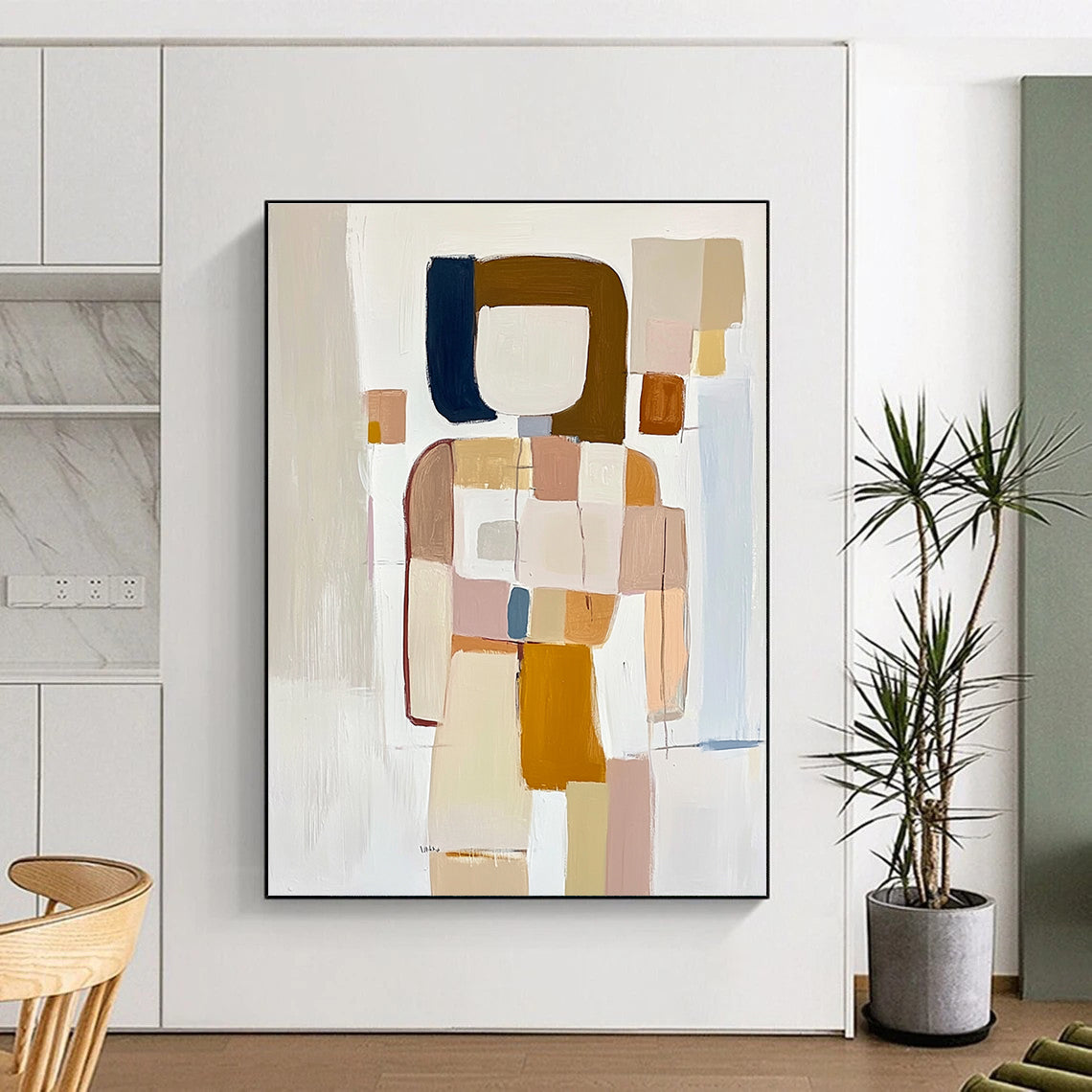 Large abstract painting featuring textured geometric shapes in pastel beige pink and blue on a soft white background creating a sense of movement and depth.STSC241