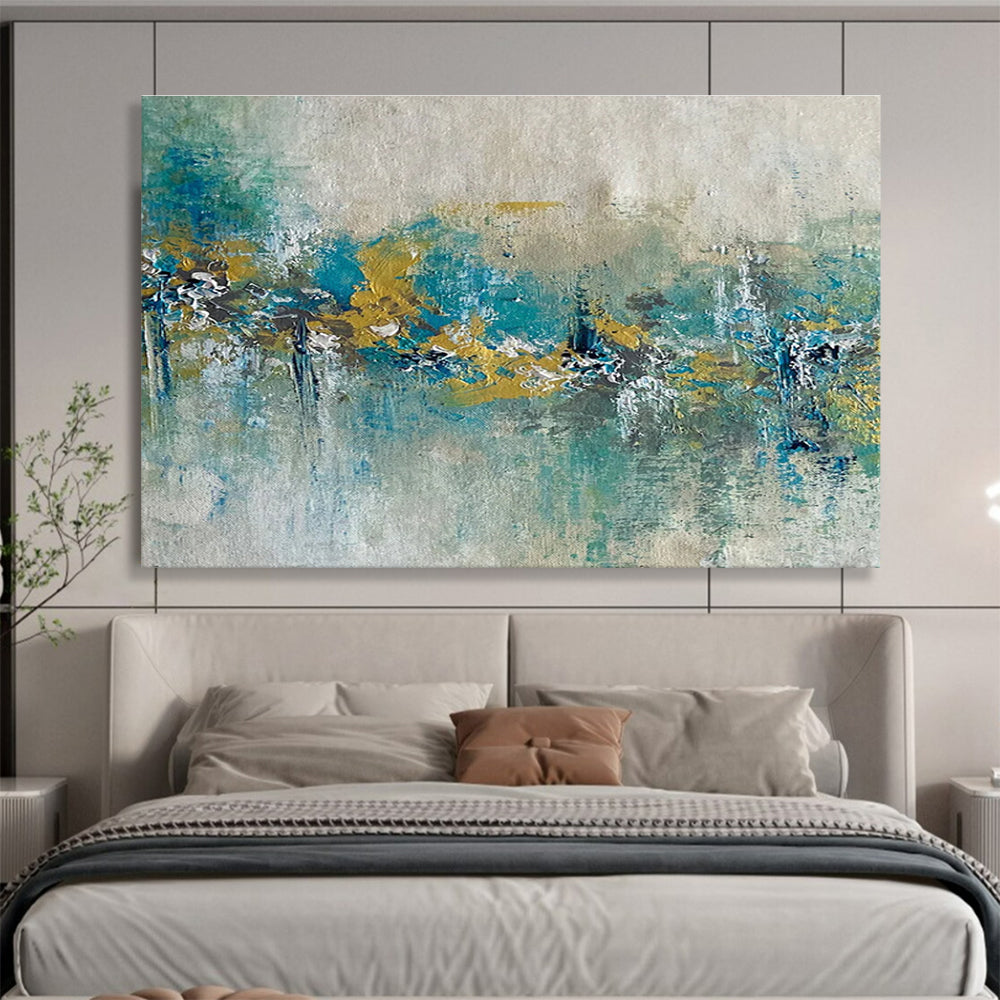 Teal Gold Abstract Painting with Nature - Inspired Shapes THY342