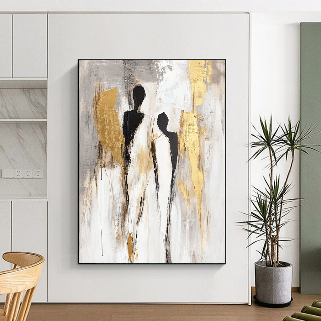 Large abstract painting in neutral tones with gold accents featuring soft gestural figures and delicate brush strokes on a light grey background.STSC440