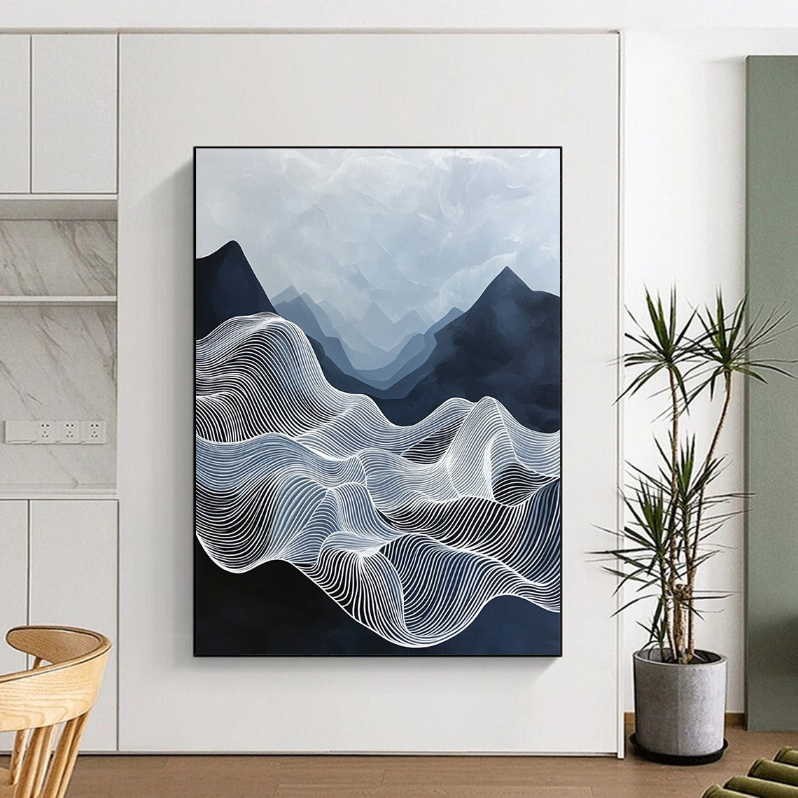 Large abstract painting of ethereal waves with flowing white lines against a deep blue sky featuring black mountains and mysterious organic forms.STSC1147