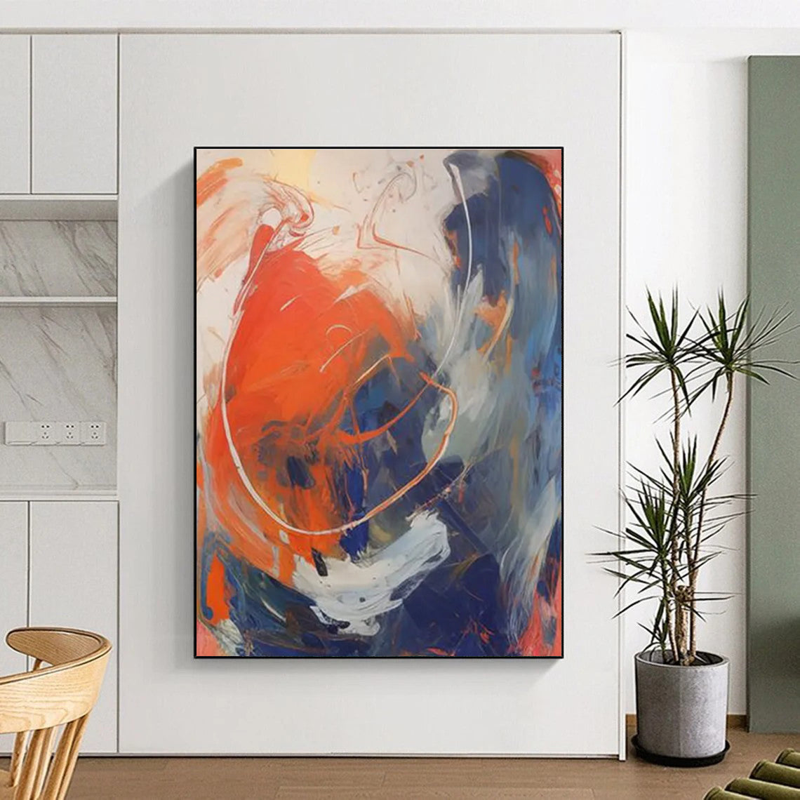 Dynamic Color Swirl Abstract Painting with Orange, Blue, and White ADGE133
