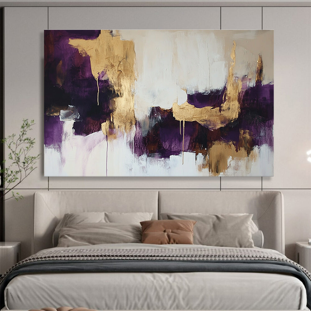 Large abstract painting in white and purple with gold hints soft edges dark tones creating an atmospheric vibe.SC212