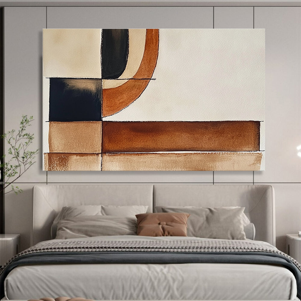 Large abstract watercolor painting featuring brown black and white shapes with minimalist earthy tones for a boho-inspired artistic touch.SC394