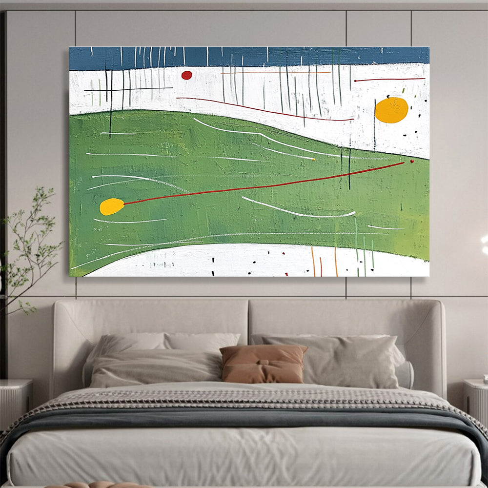 Large abstract painting featuring flat shapes and lines in green with yellow bubbles orange curves and red arrows against a white background and blue sky.SC176